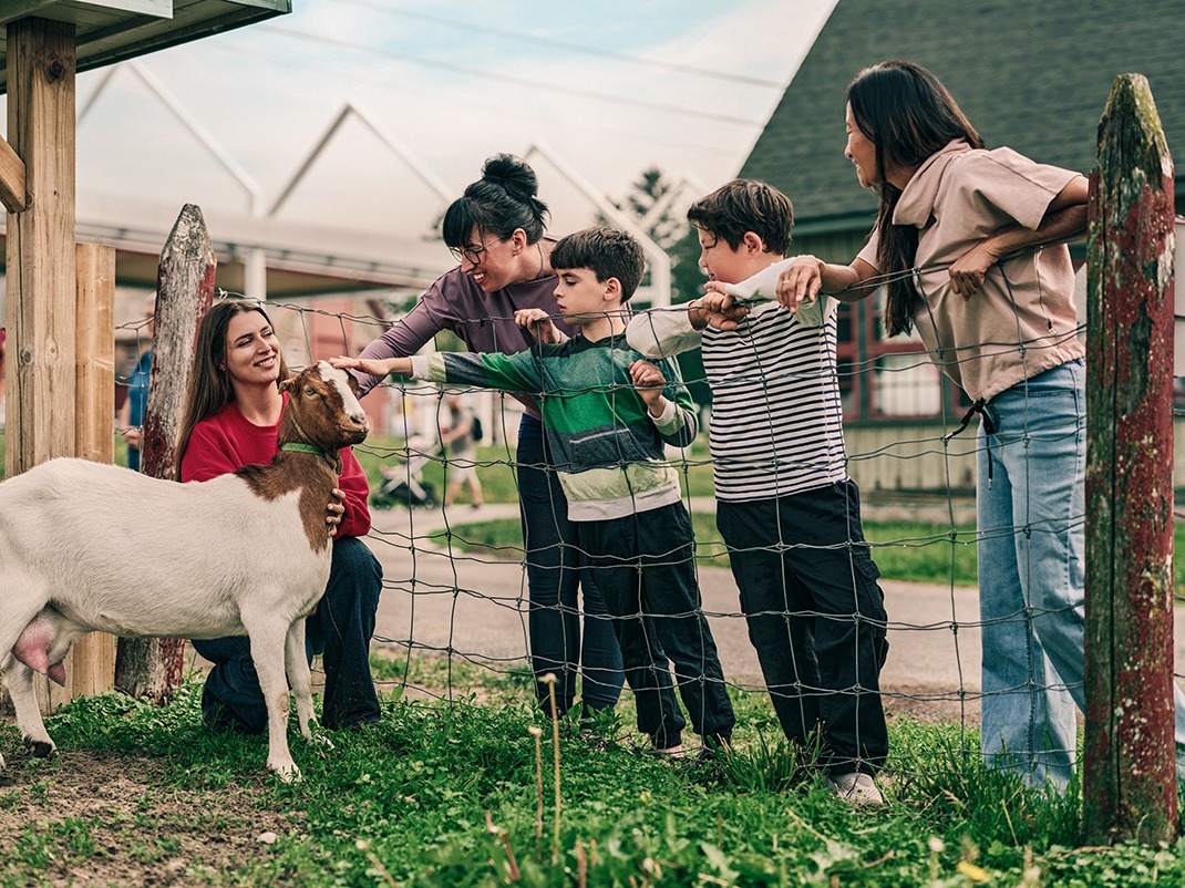 A family looking at a white and brown goat at a farm